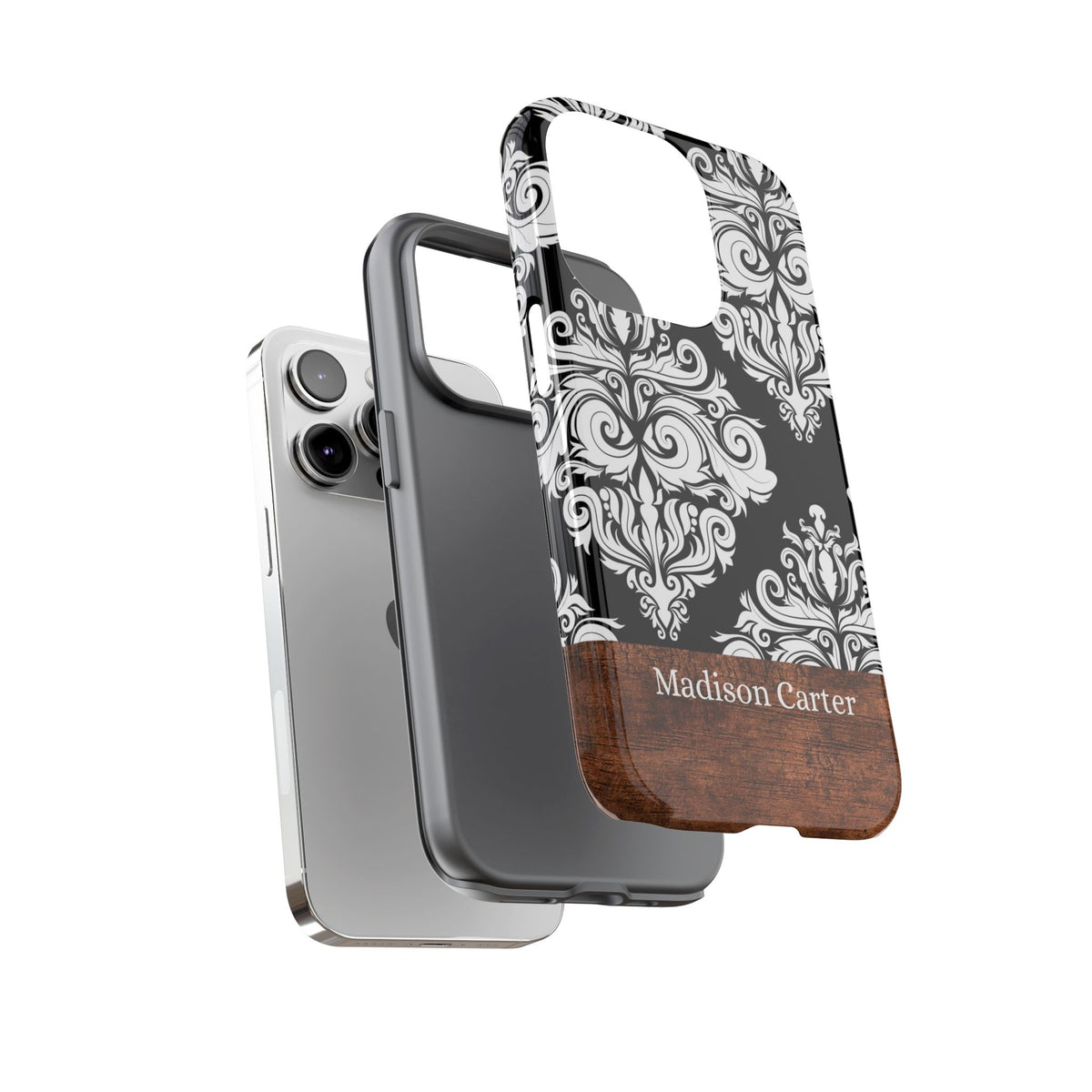 Personalized Damask Phone Case with Name – Black & White Wood Accent Tough Case