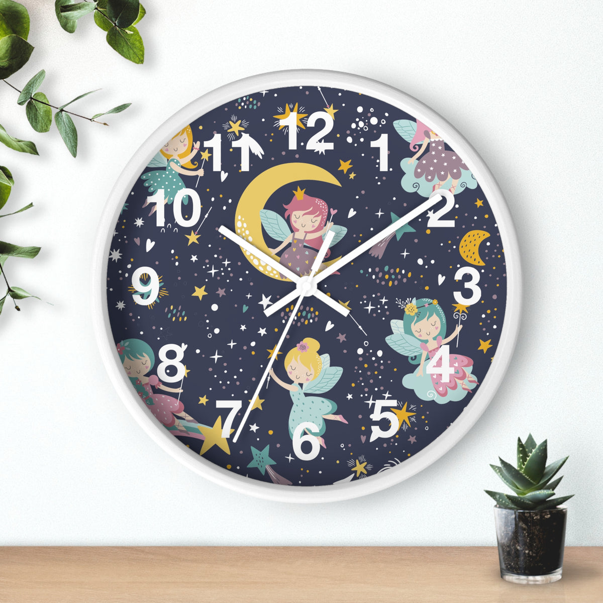 Sleeping Fairies Wall Clock | Night Sky Moon Stars Nursery Decor