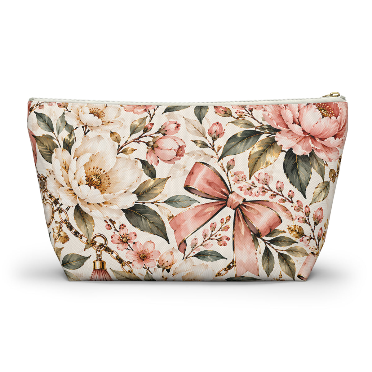 Blush Floral Pouch – Romantic Botanical Bow Print