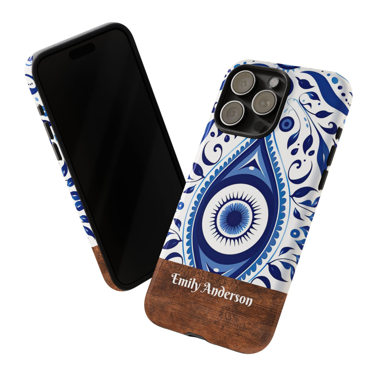 Personalized Blue Tile Phone Case with Name – Mediterranean Floral Design