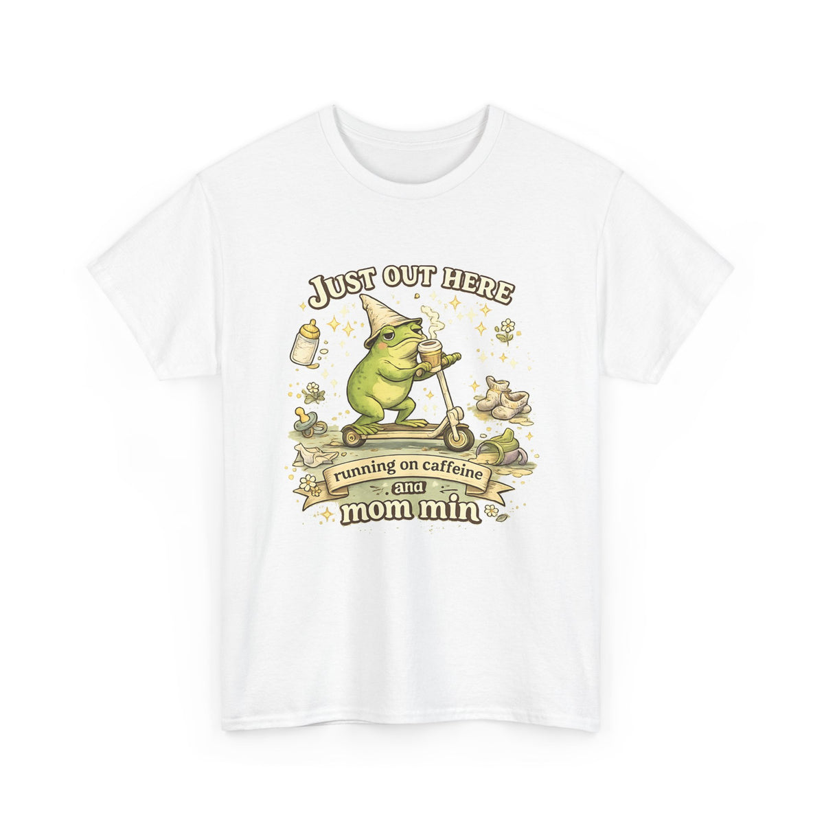 “Running on Caffeine & Mommin’” T-Shirt – Funny Mom Coffee & Frog Graphic Tee