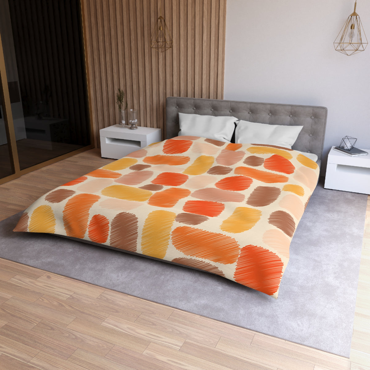 Abstract Brushstroke Squares Microfiber Duvet Cover | Autumn Ochre Terracotta Pattern