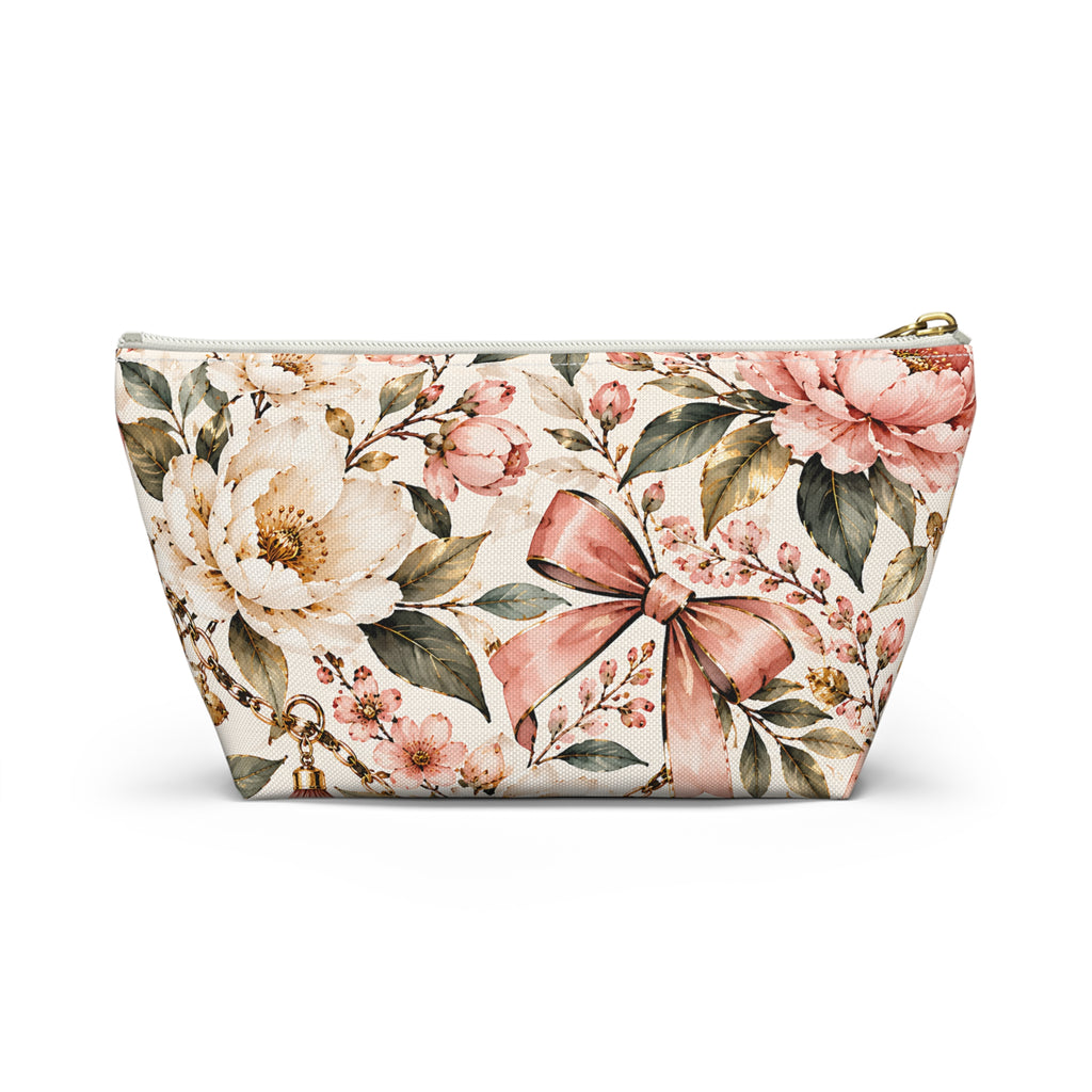 Blush Floral Pouch – Romantic Botanical Bow Print