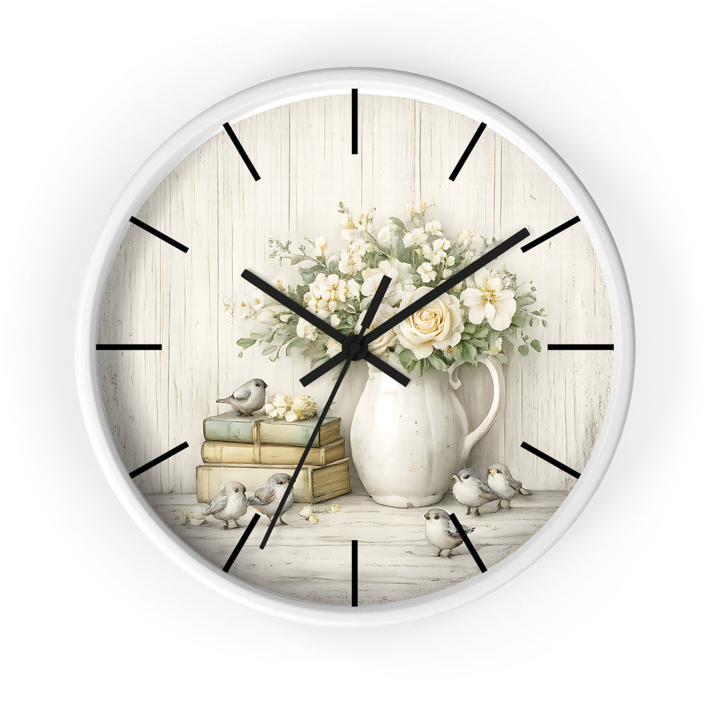 Vintage Floral Pitcher with Birds Wall Clock | Rustic Cottage Shabby Chic