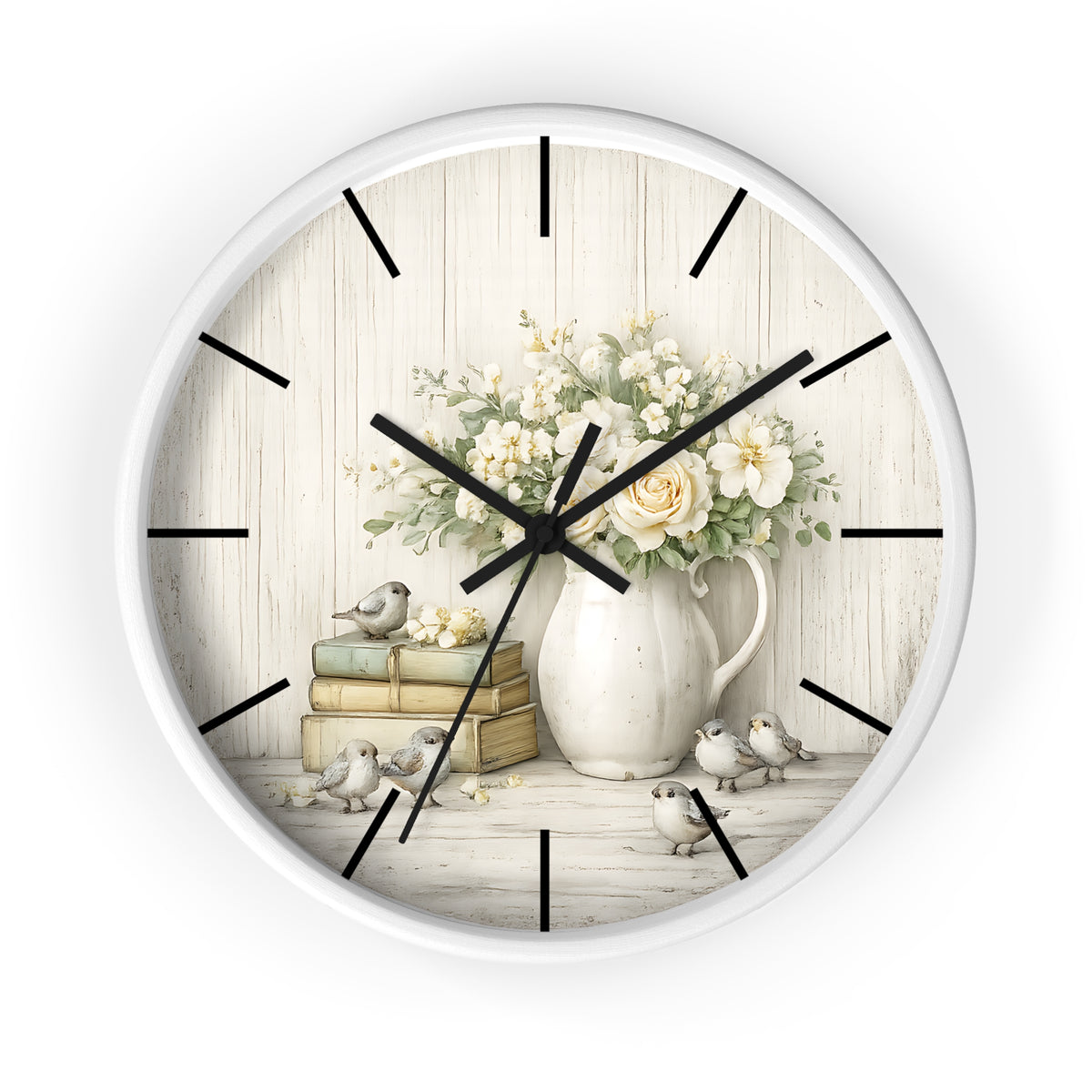 Vintage Floral Pitcher with Birds Wall Clock | Rustic Cottage Shabby Chic