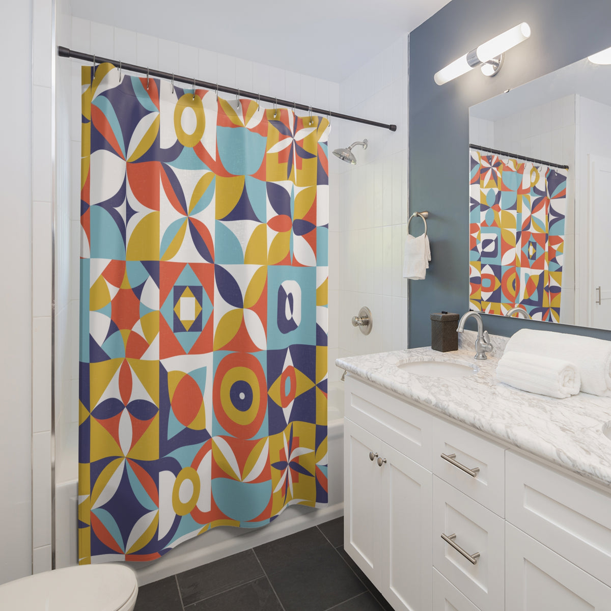 Mid Century Modern Shower Curtain | Colorful Retro Geometric Bathroom Decor | 70s Mod Bath Curtain