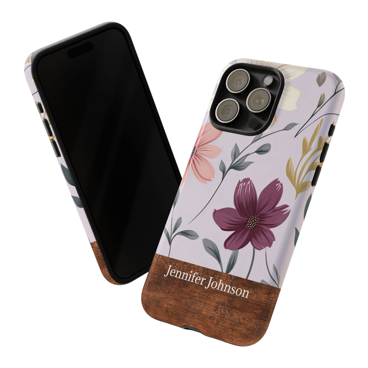 Personalized Floral Phone Case with Name – Wood Accent Tough Case