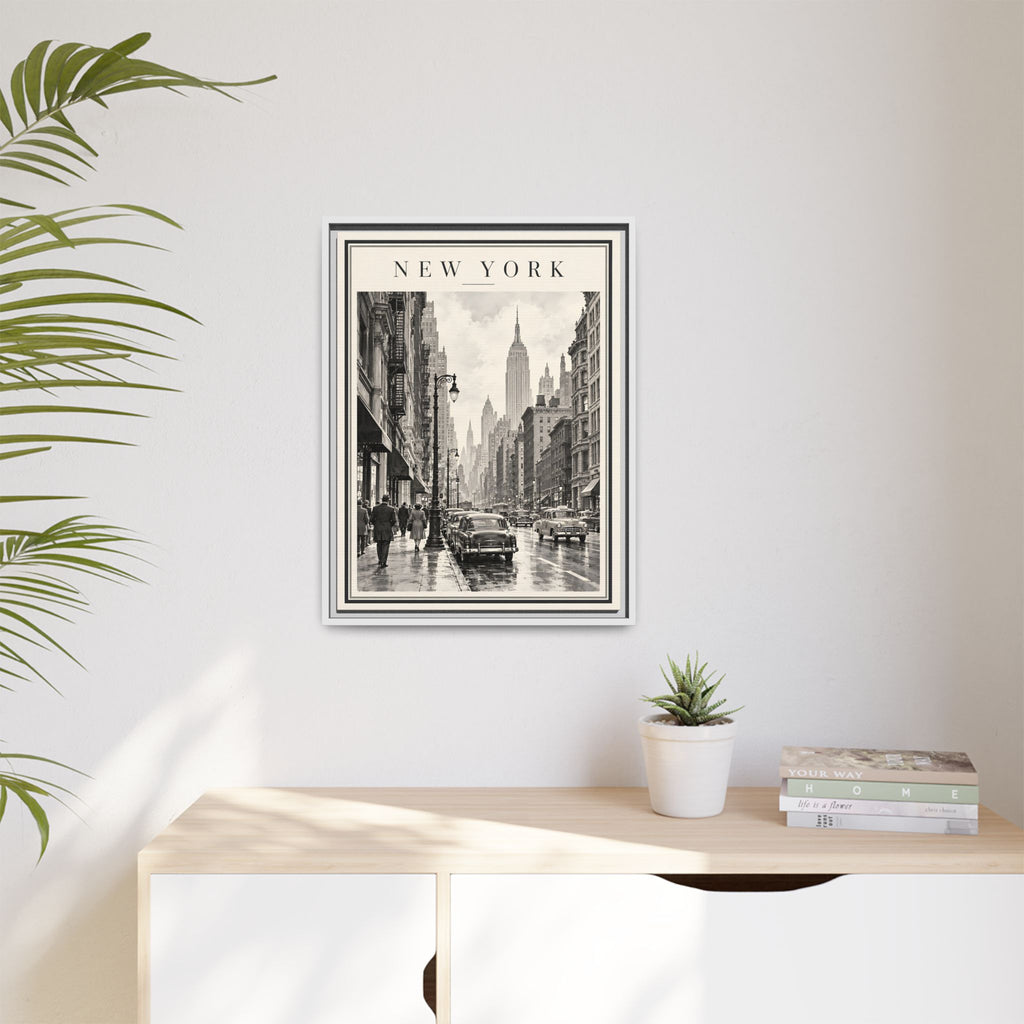 Vintage New York City Framed Canvas – Black & White Street Art