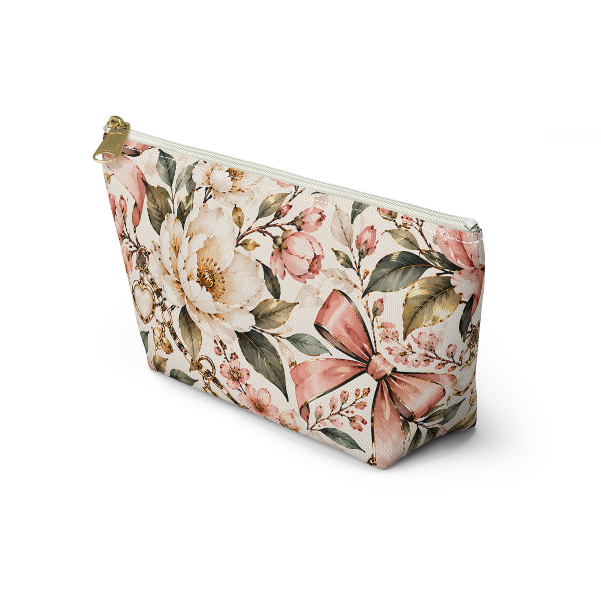 Blush Floral Pouch – Romantic Botanical Bow Print