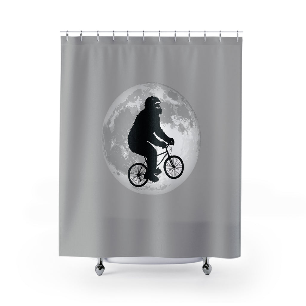 Funny Bigfoot Shower Curtain | Sasquatch Riding Bike Moon | Modern Minimal Bathroom Decor