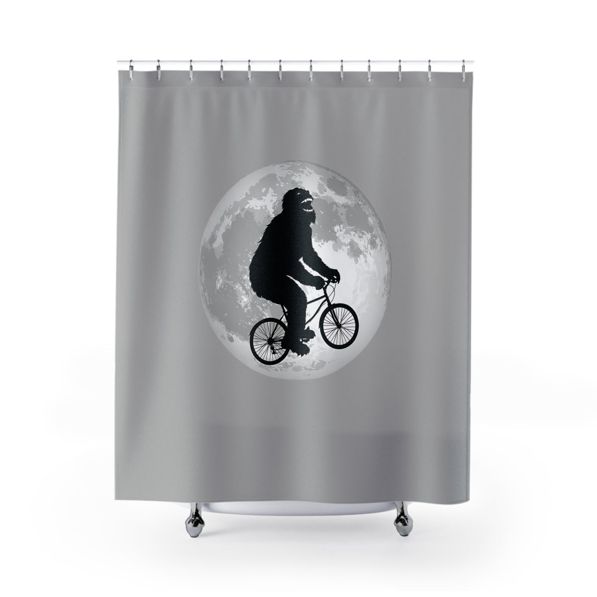 Funny Bigfoot Shower Curtain | Sasquatch Riding Bike Moon | Modern Minimal Bathroom Decor