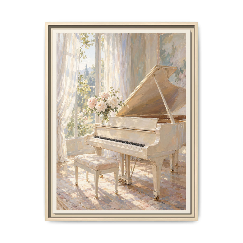 White Grand Piano Framed Canvas – Elegant Music Room Wall Art