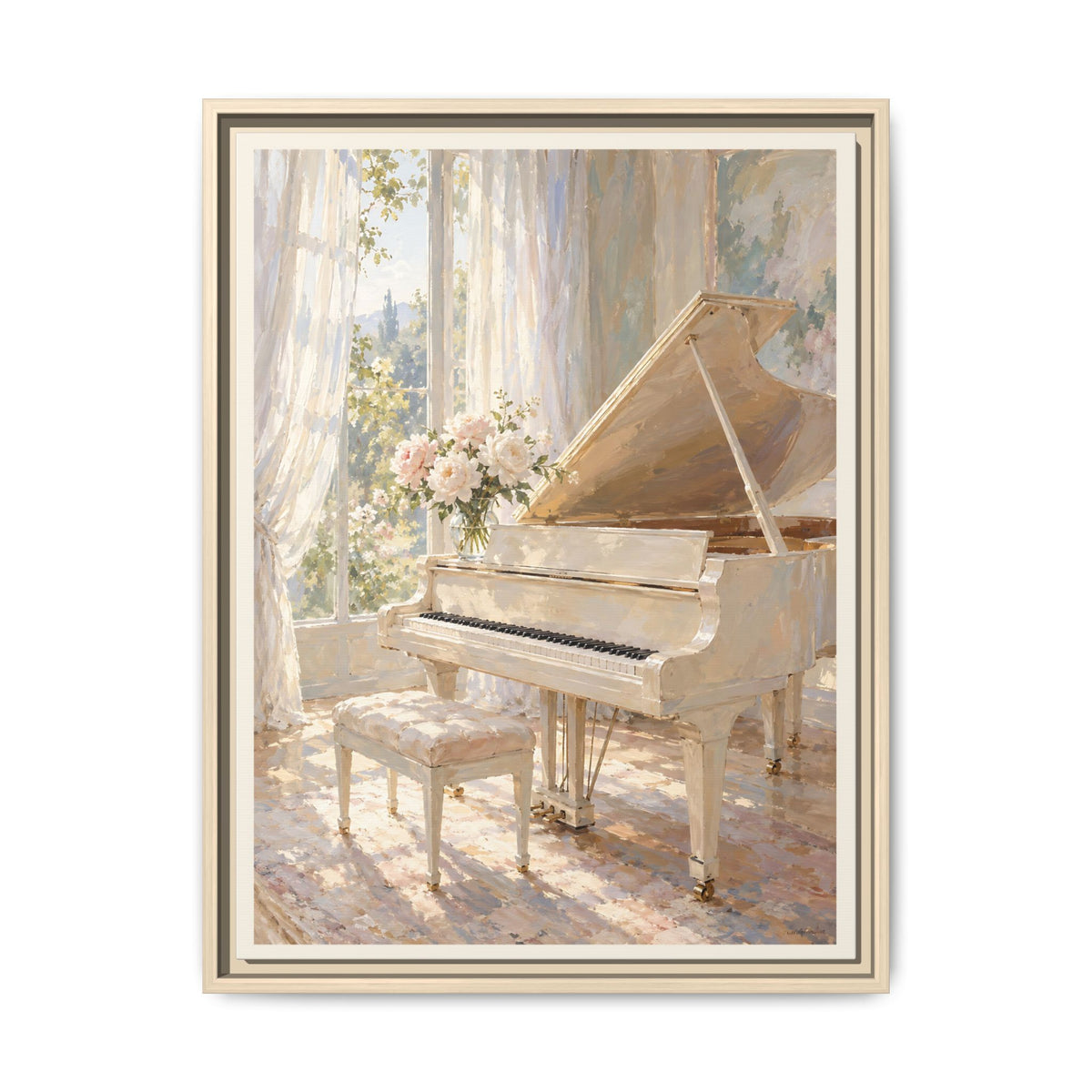 White Grand Piano Framed Canvas – Elegant Music Room Wall Art