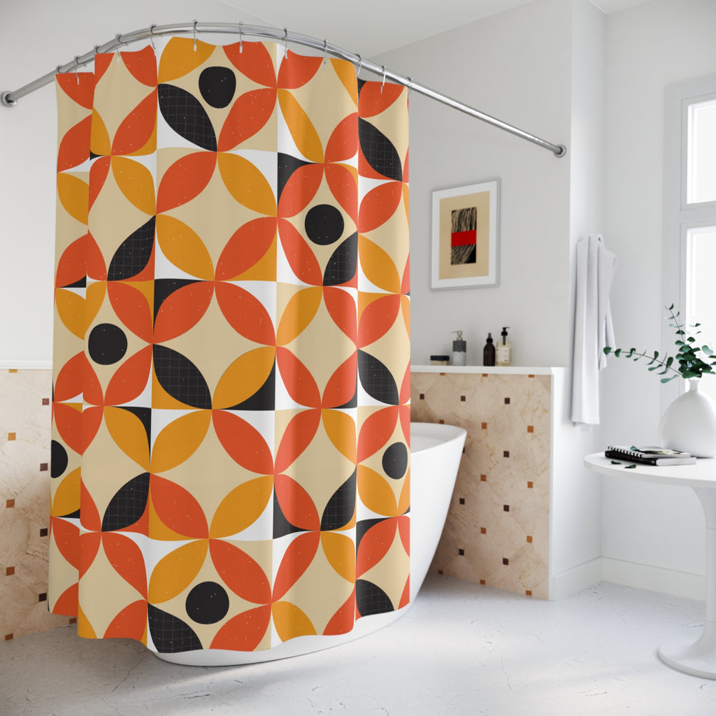 Mid Century Modern Shower Curtain | Retro Geometric Bathroom Decor | Orange Mustard 70s Pattern Bath Curtain