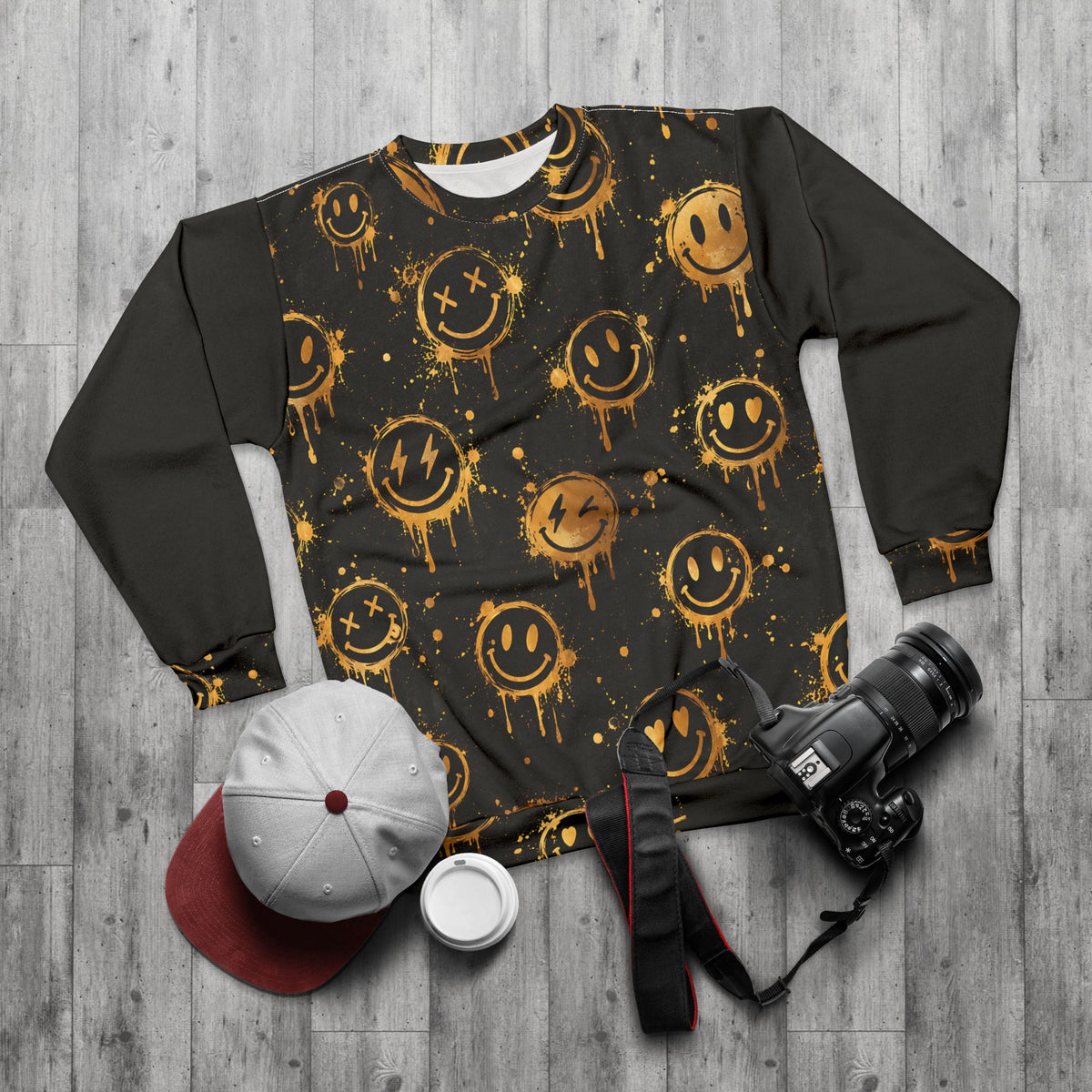 Gold Graffiti Smiley Unisex Sweatshirt – Black Streetwear Print