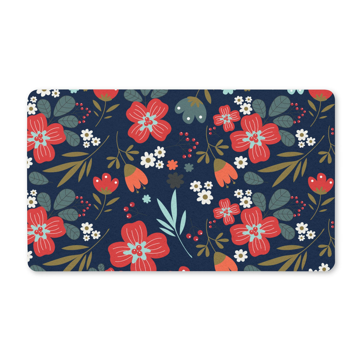 Navy Floral Doormat – Red Flowers & Botanical Entryway Mat
