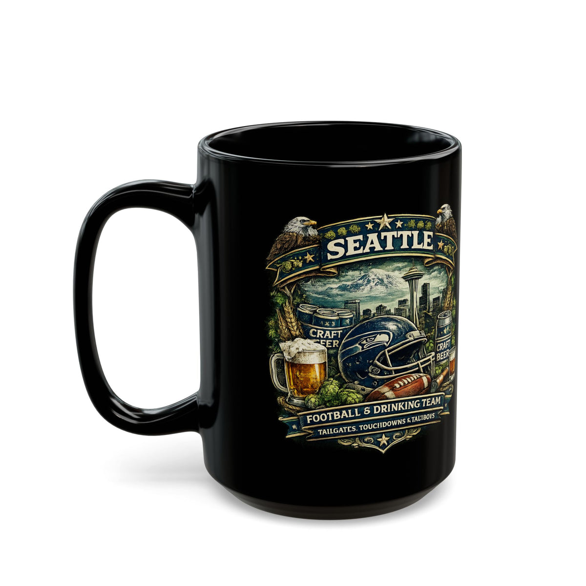 Seattle Football Mug for Men Black Coffee Cup for Beer Lovers, Tailgating & Game Day Sports Fan Gift