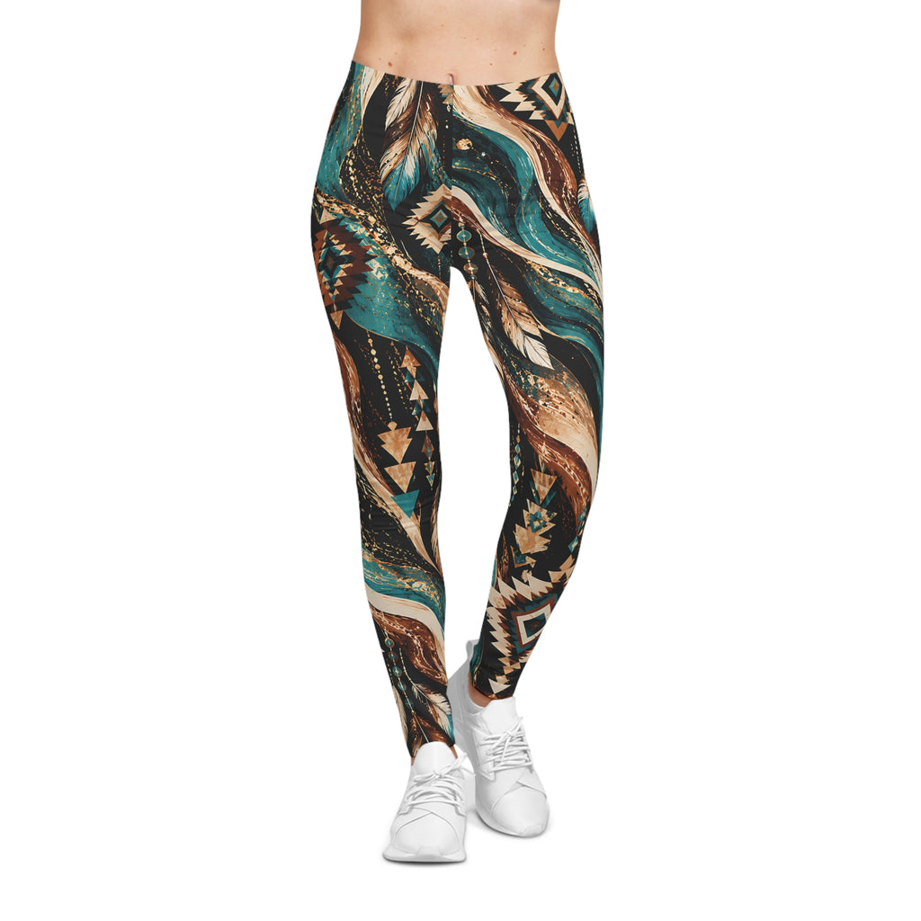 Southwestern Boho Leggings – Feather & Geometric Print