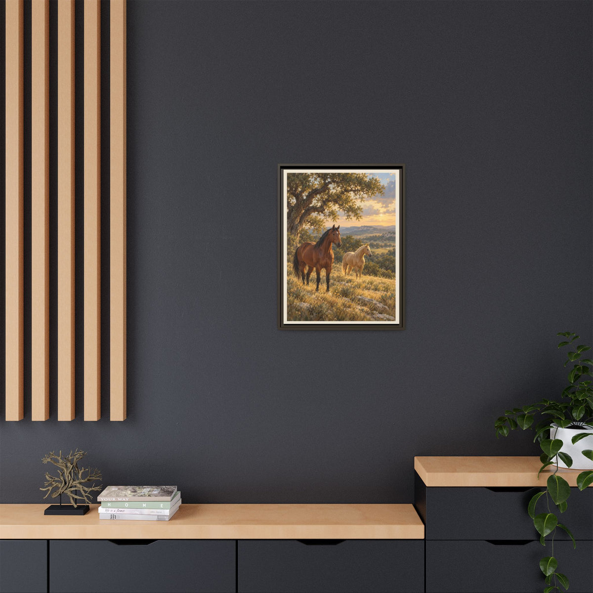 Horses in Golden Countryside Framed Canvas – Rustic Equestrian Wall Art