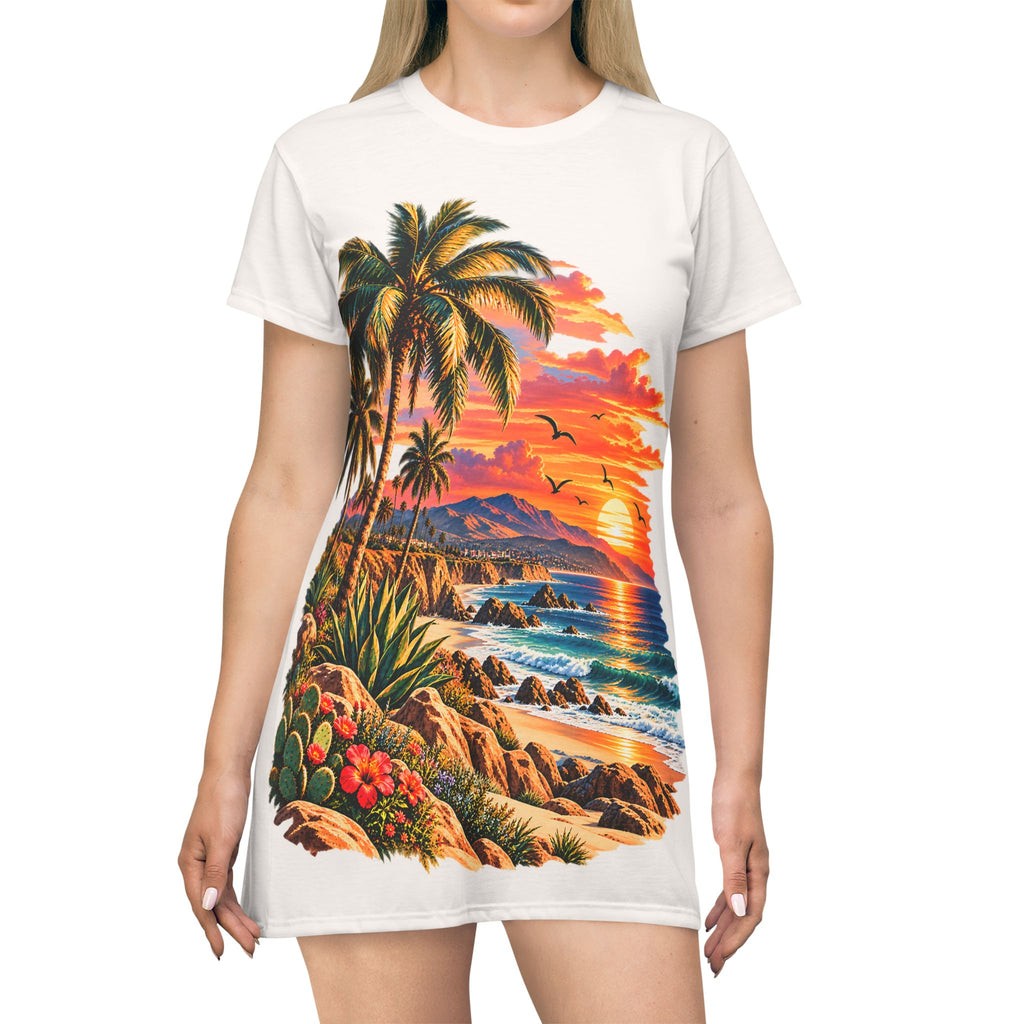Tropical Sunset T-Shirt Dress – Palm Tree Coastal Print