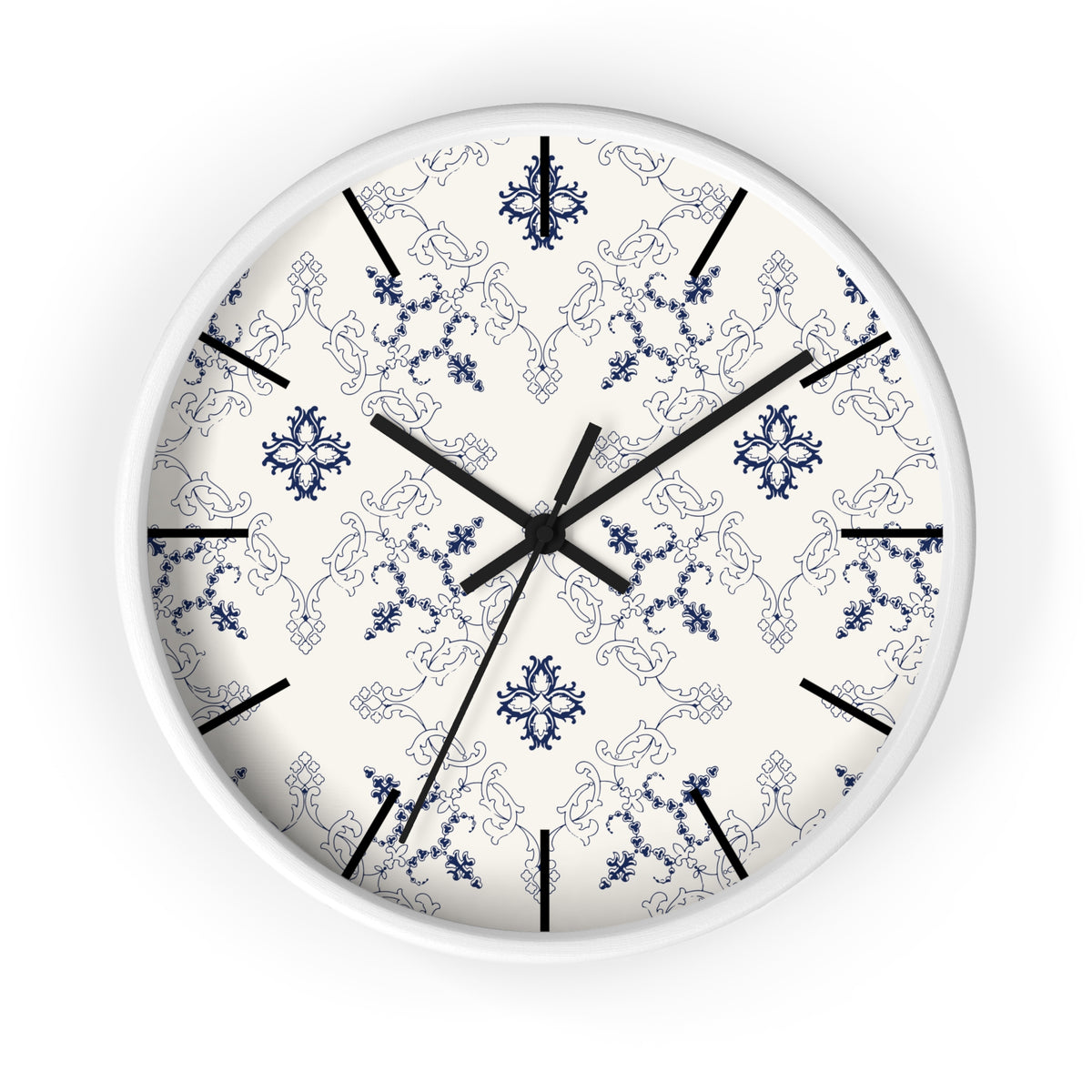 Blue Floral Damask Wall Clock | Vintage Tile Pattern, Ceramic Inspired