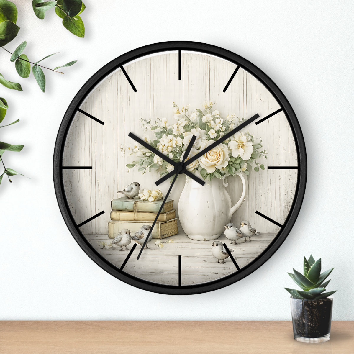 Vintage Floral Pitcher with Birds Wall Clock | Rustic Cottage Shabby Chic