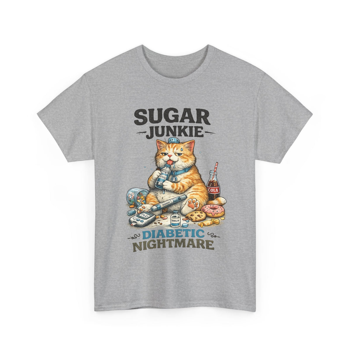 “Sugar Junkie – Diabetic Nightmare” T-Shirt – Funny Cat Graphic Tee