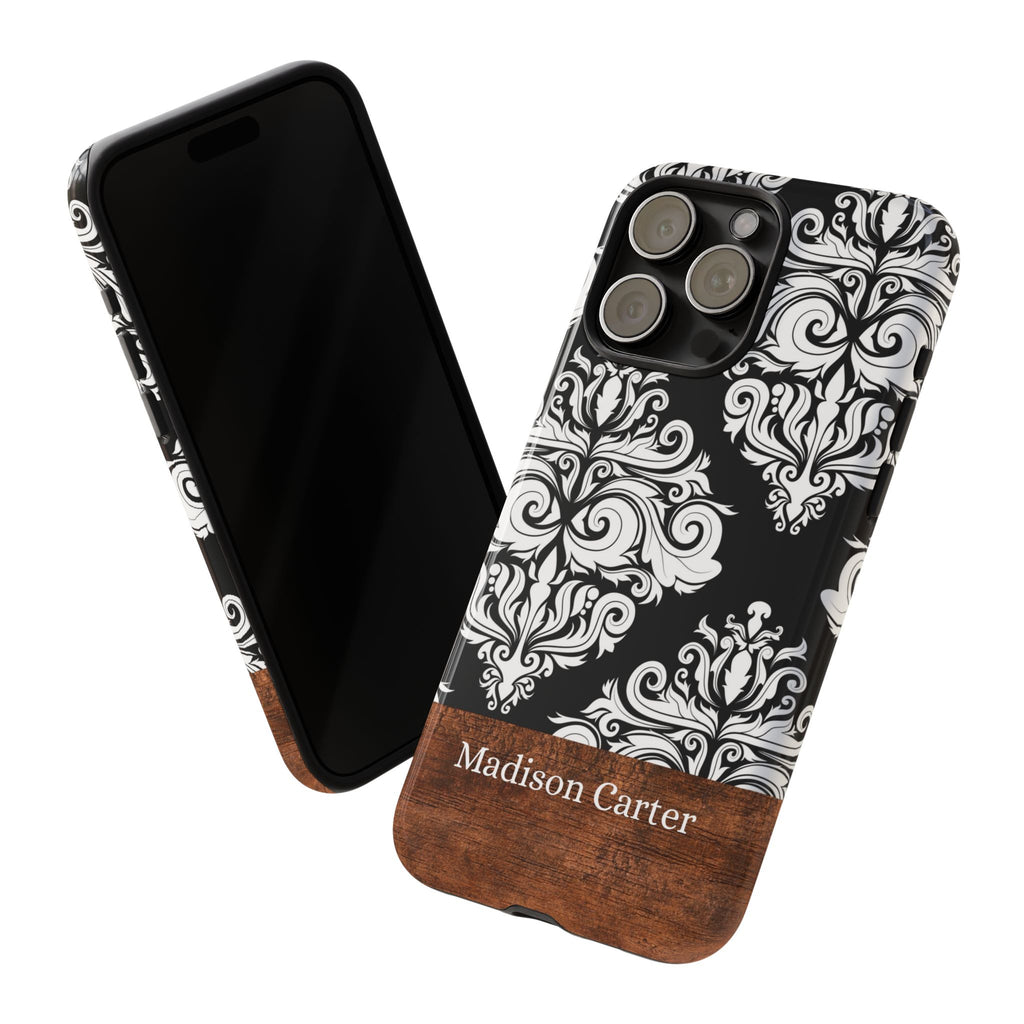 Personalized Damask Phone Case with Name – Black & White Wood Accent Tough Case