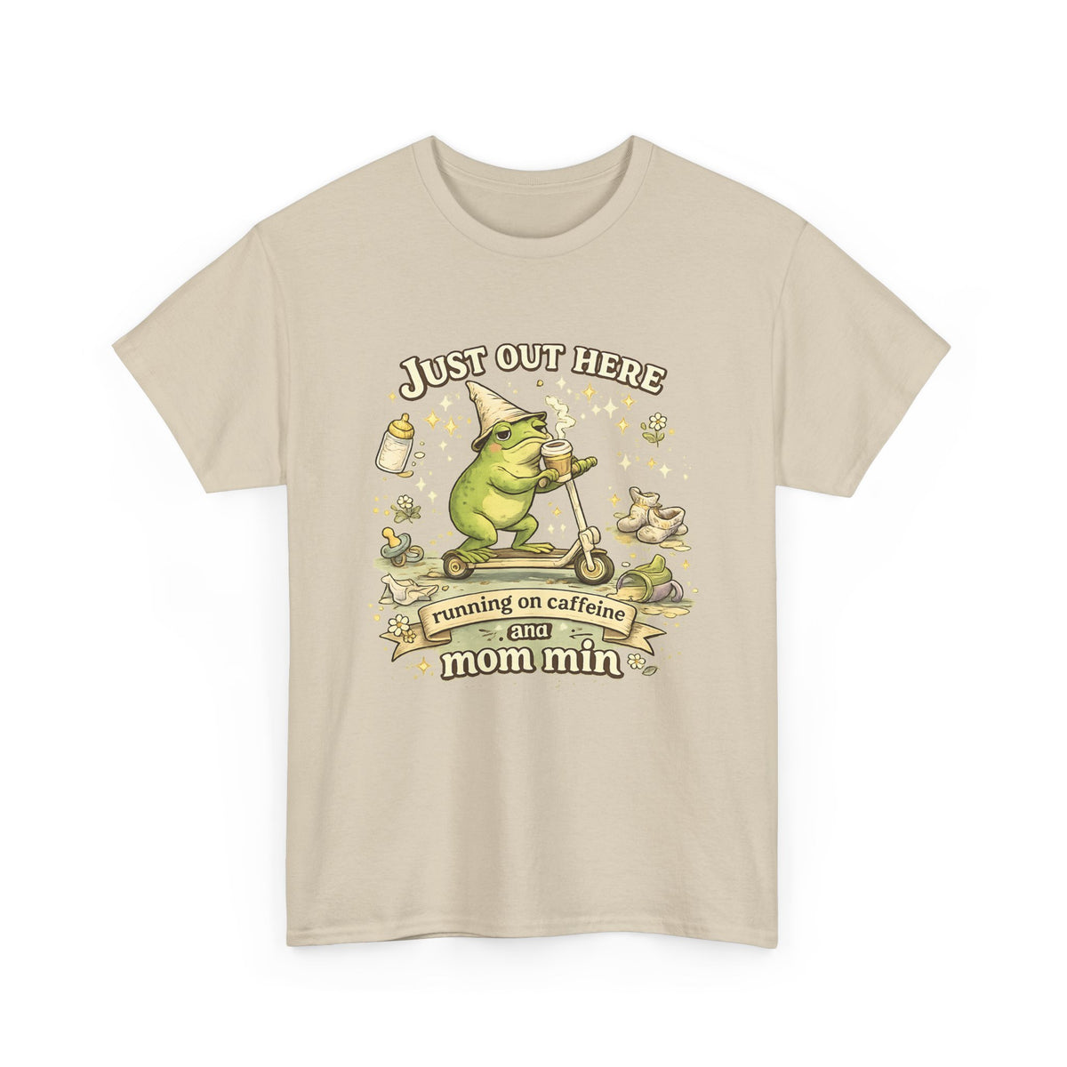 “Running on Caffeine & Mommin’” T-Shirt – Funny Mom Coffee & Frog Graphic Tee