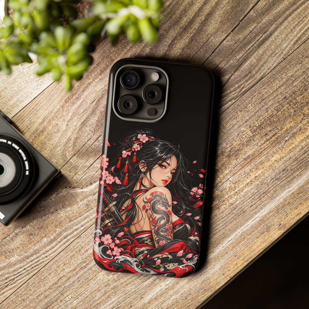Japanese Warrior Girl Phone Case – Dragon & Cherry Blossom Tough Case