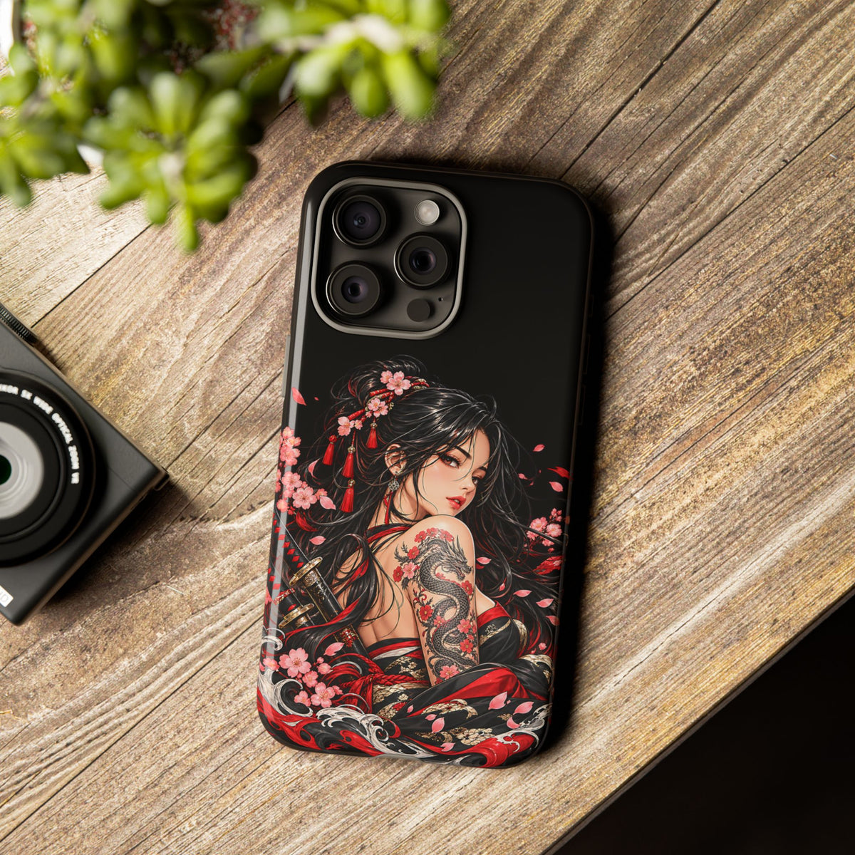 Japanese Warrior Girl Phone Case – Dragon & Cherry Blossom Tough Case