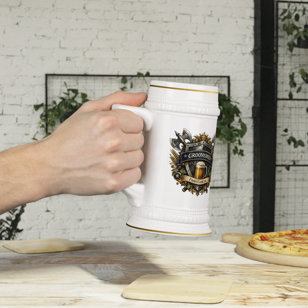 Personalized Groomsmen Beer Stein 22oz - Custom Name Wedding Mug, Medieval Shield Beer Stein