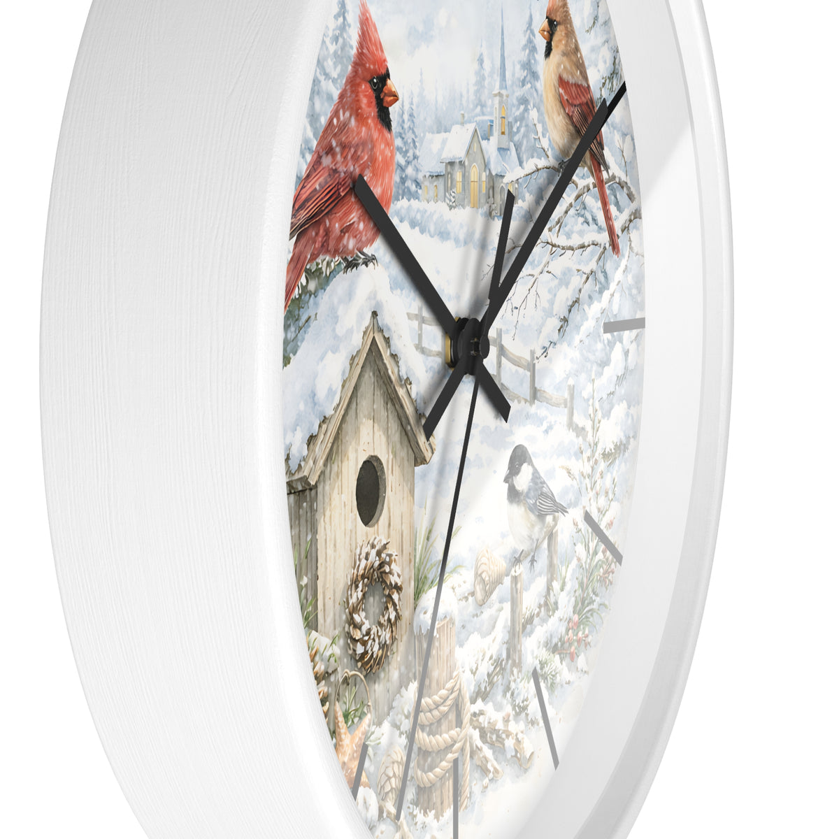 Cardinal Winter Scene Wall Clock | Snowy Birdhouse, Pinecones, Rustic Cabin