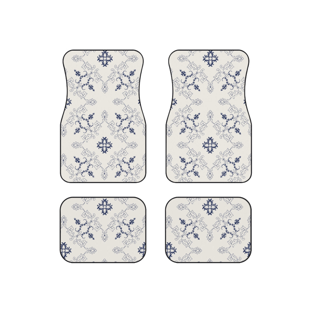 Blue & White Ornamental Car Floor Mats – 4-Piece Set