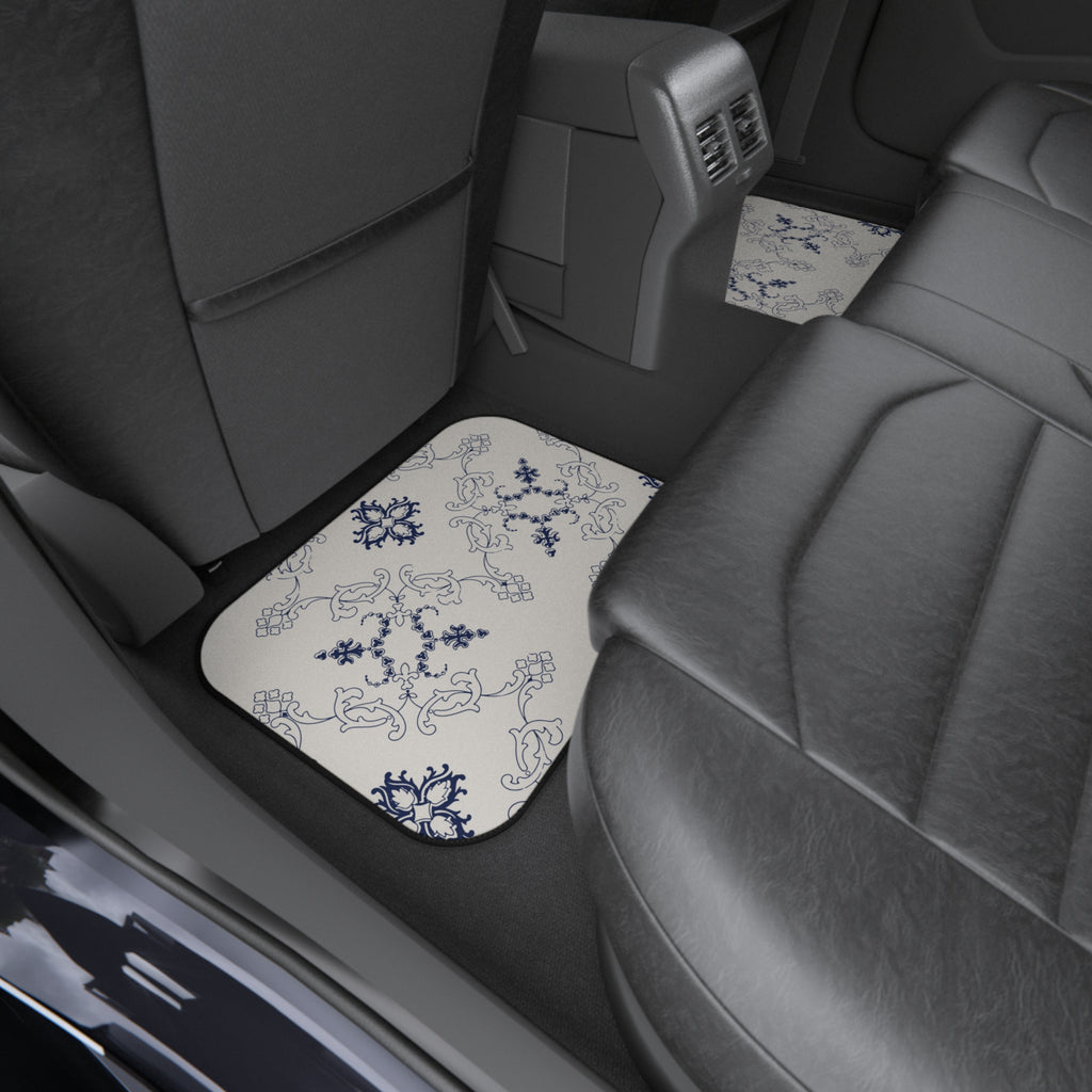 Blue & White Ornamental Car Floor Mats – 4-Piece Set