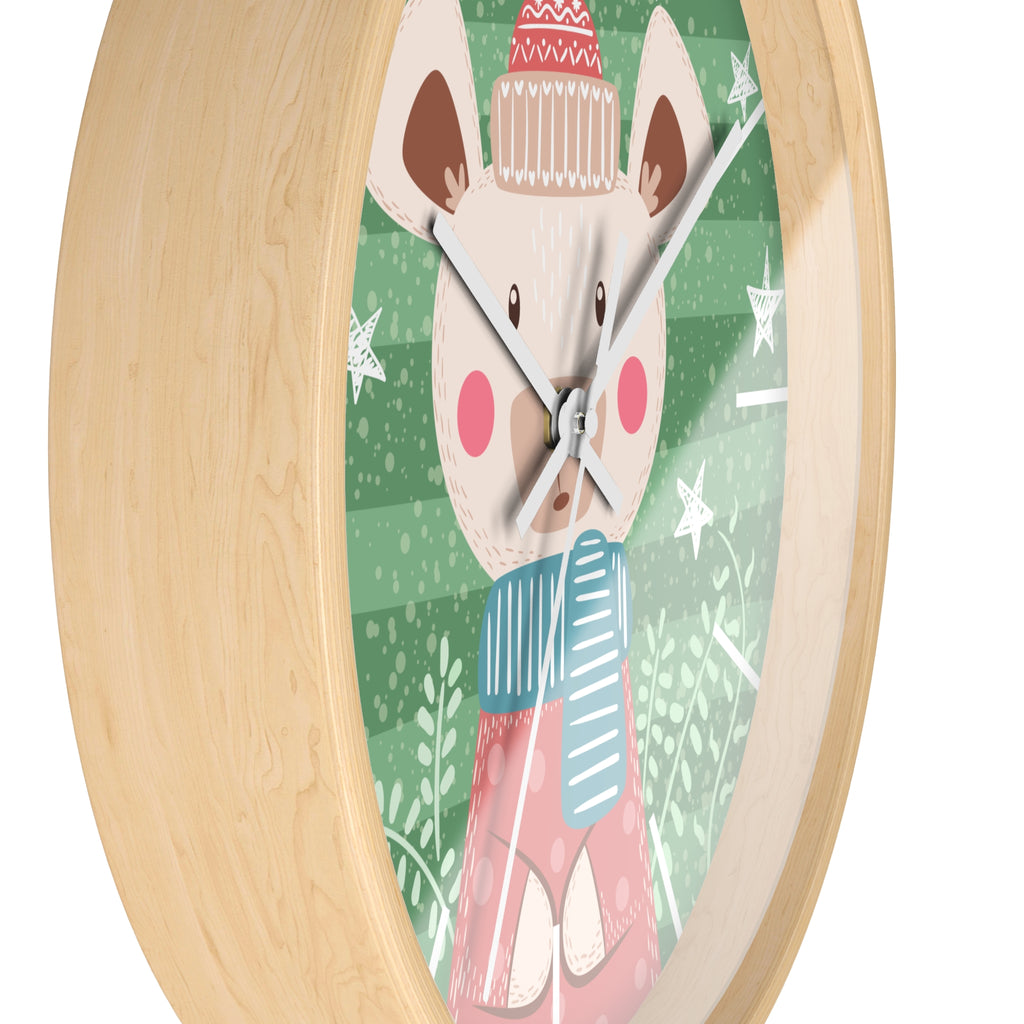 Cute Winter Bear Wall Clock | Holiday Nursery Clock, Green Snowflake Design