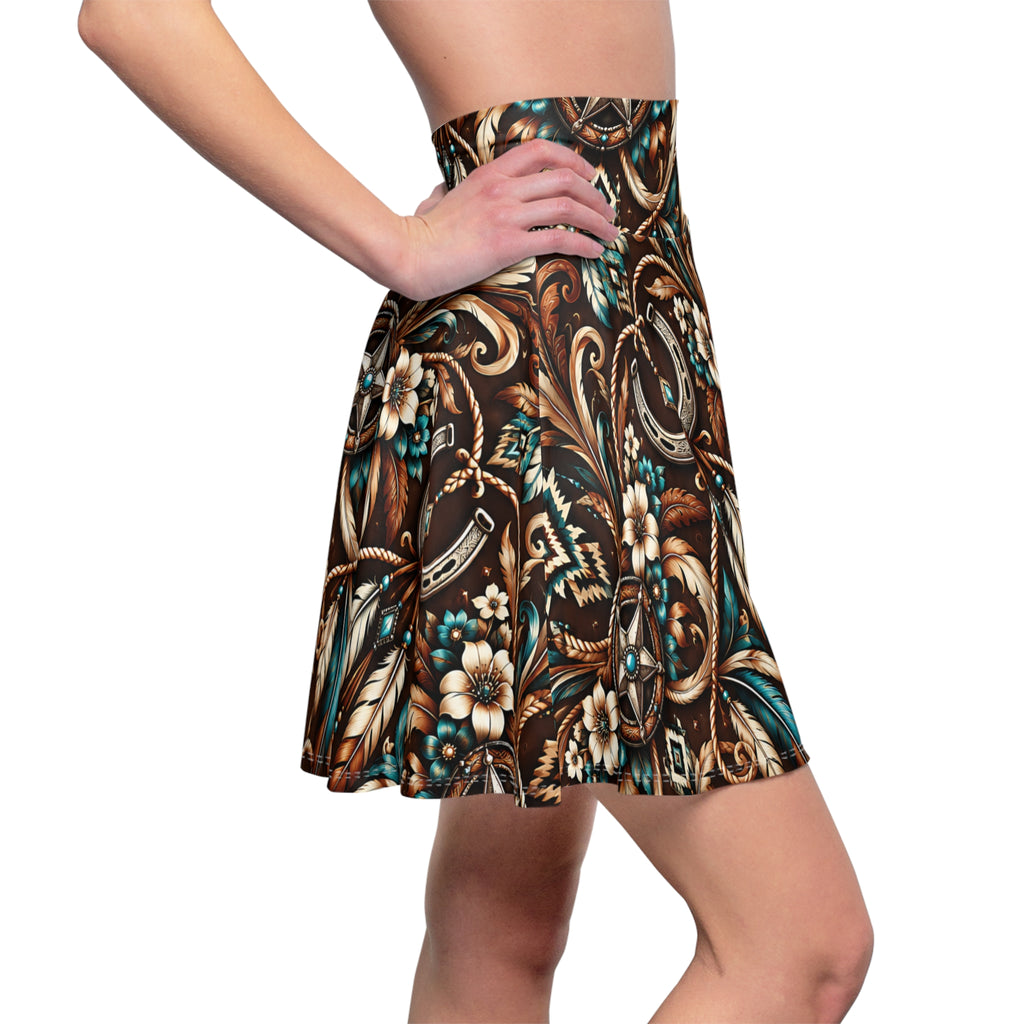 Western Cowgirl Skater Skirt – Horseshoe & Floral Pattern