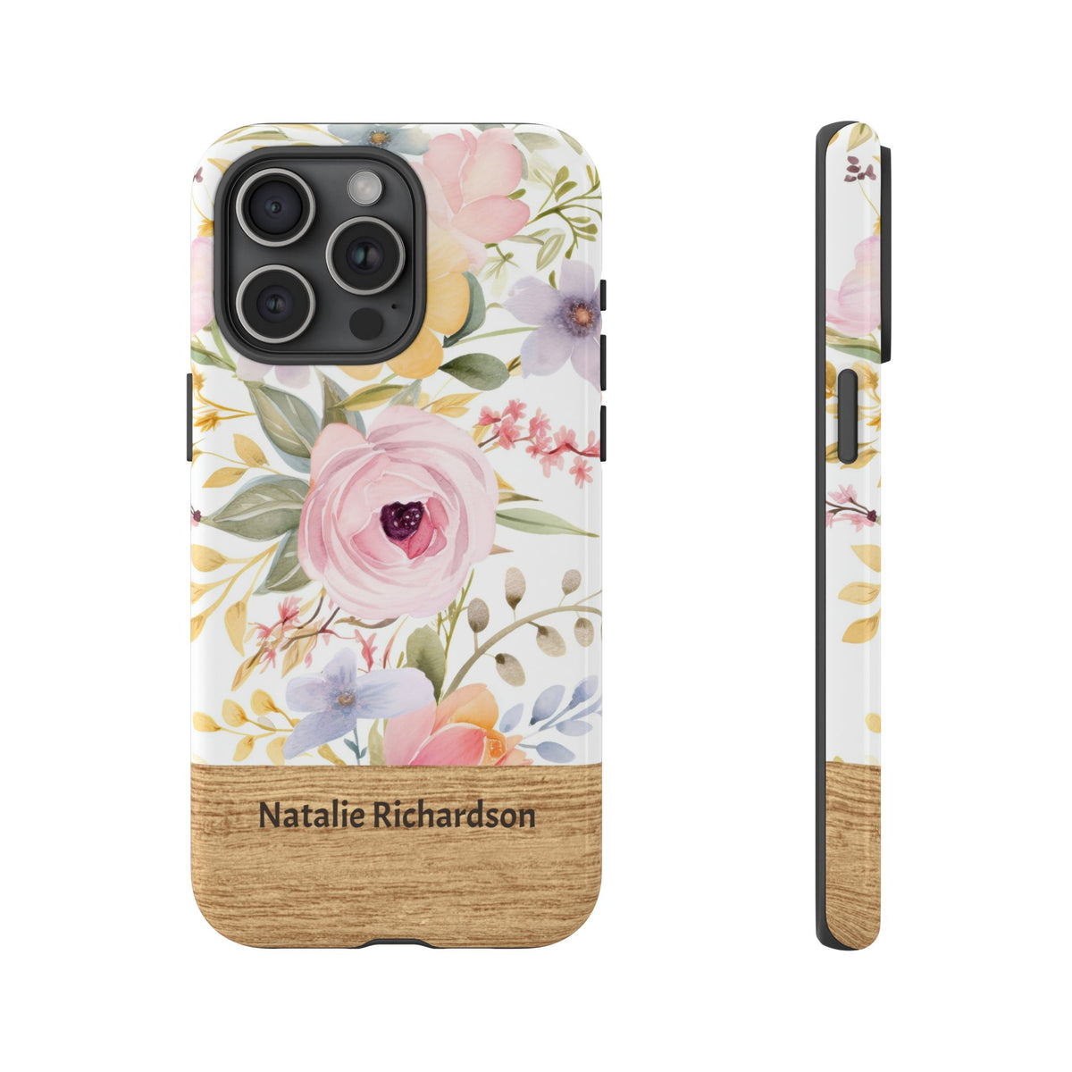 Personalized Floral Phone Case with Name – Pastel Flower Wood Accent Tough Case
