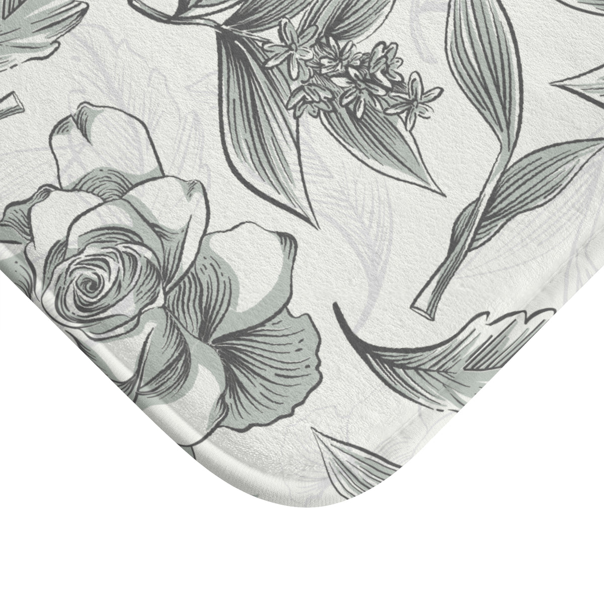 Vintage Rose Sketch Bath Mat – Elegant Black & White Floral Bathroom Decor