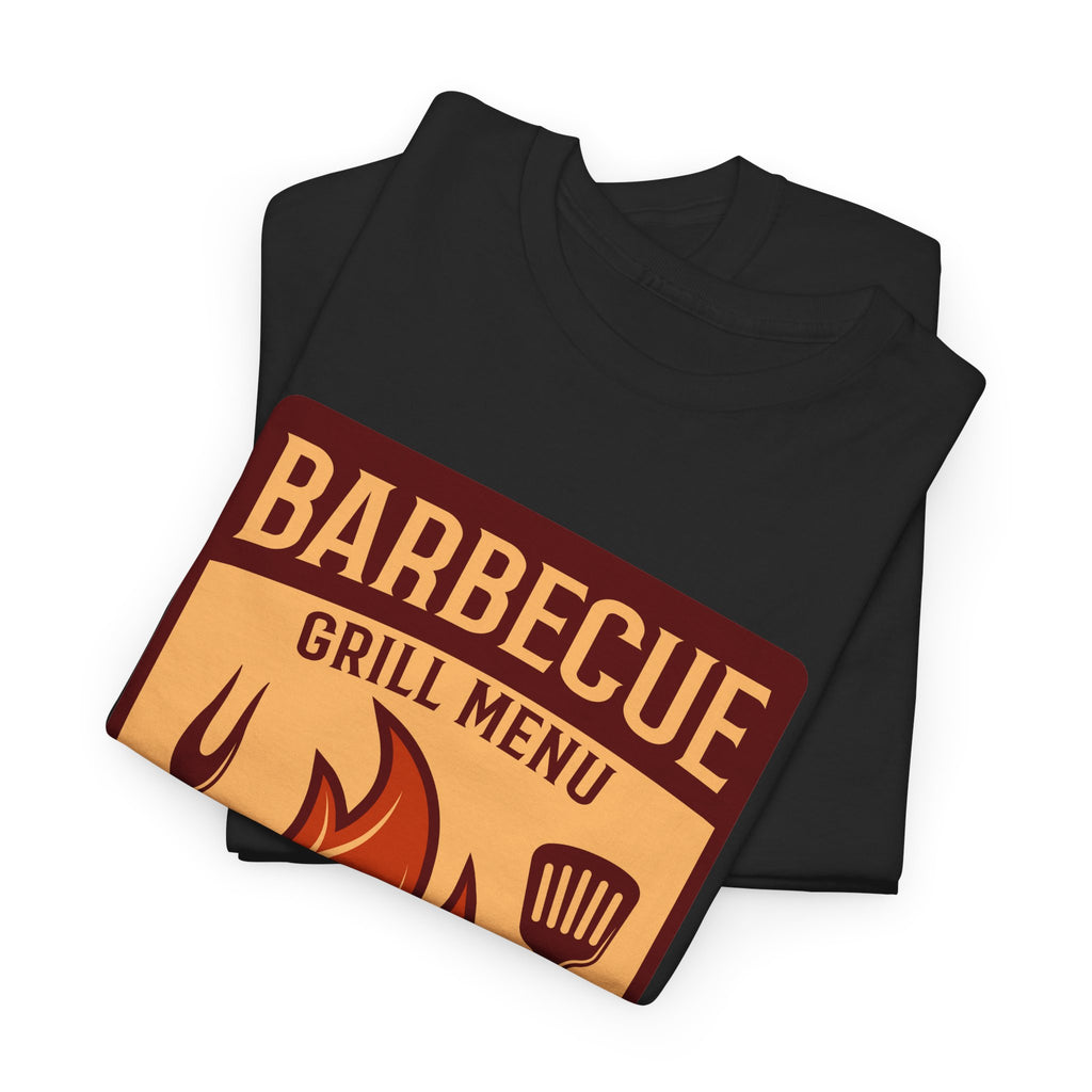 BBQ Grill Menu T-Shirt – Flames & Grilling Utensils Graphic Tee