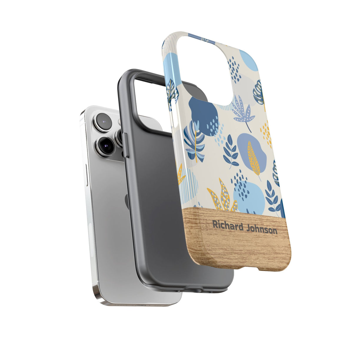 Personalized Botanical Phone Case with Name – Blue Floral Wood Accent Tough Case