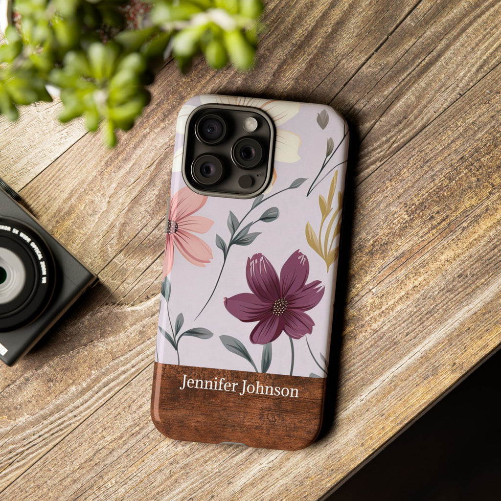 Personalized Floral Phone Case with Name – Wood Accent Tough Case