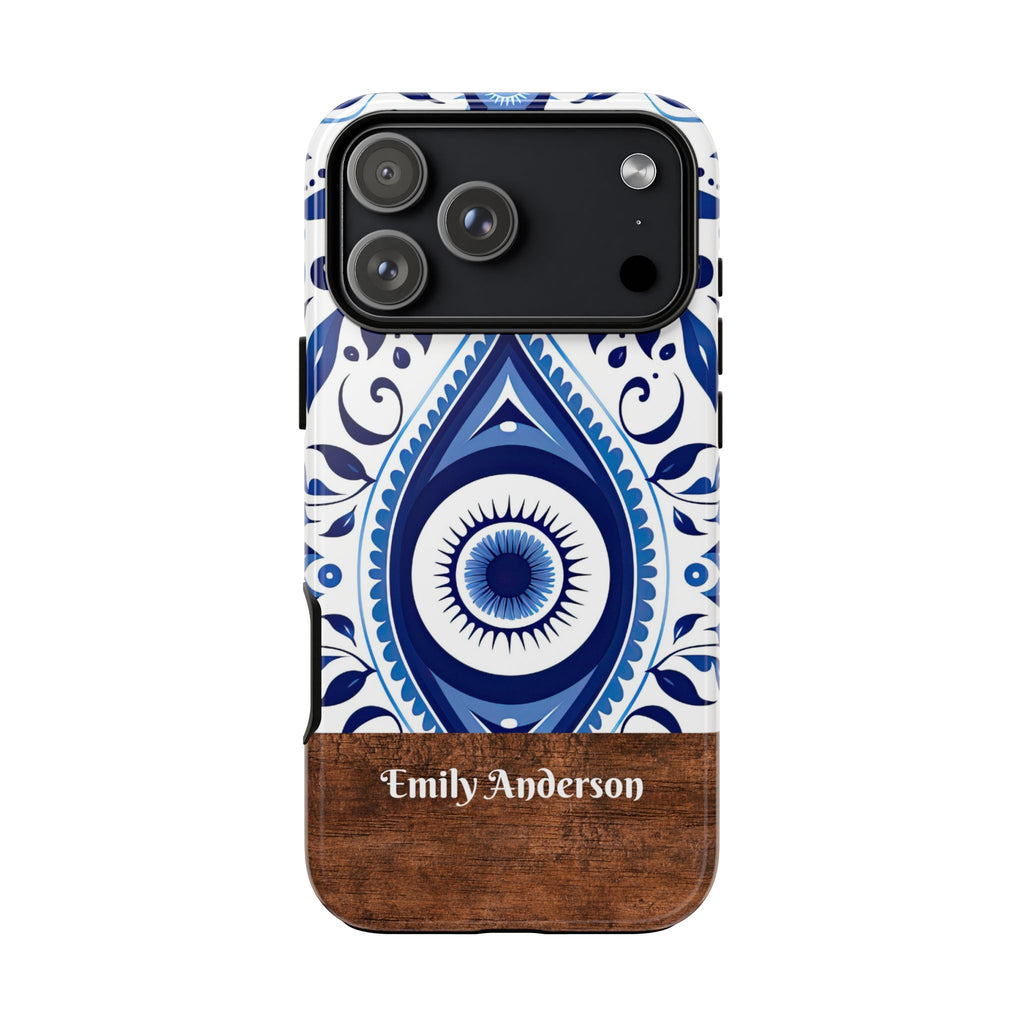 Personalized Blue Tile Phone Case with Name – Mediterranean Floral Design