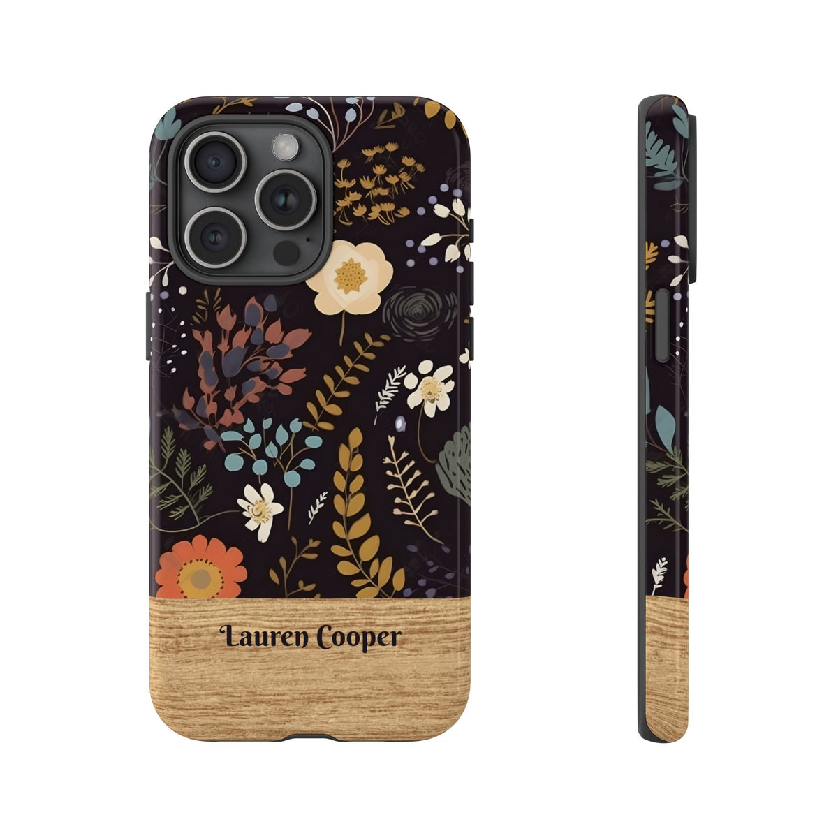 Personalized Dark Floral Phone Case with Name – Wood Accent Tough Case