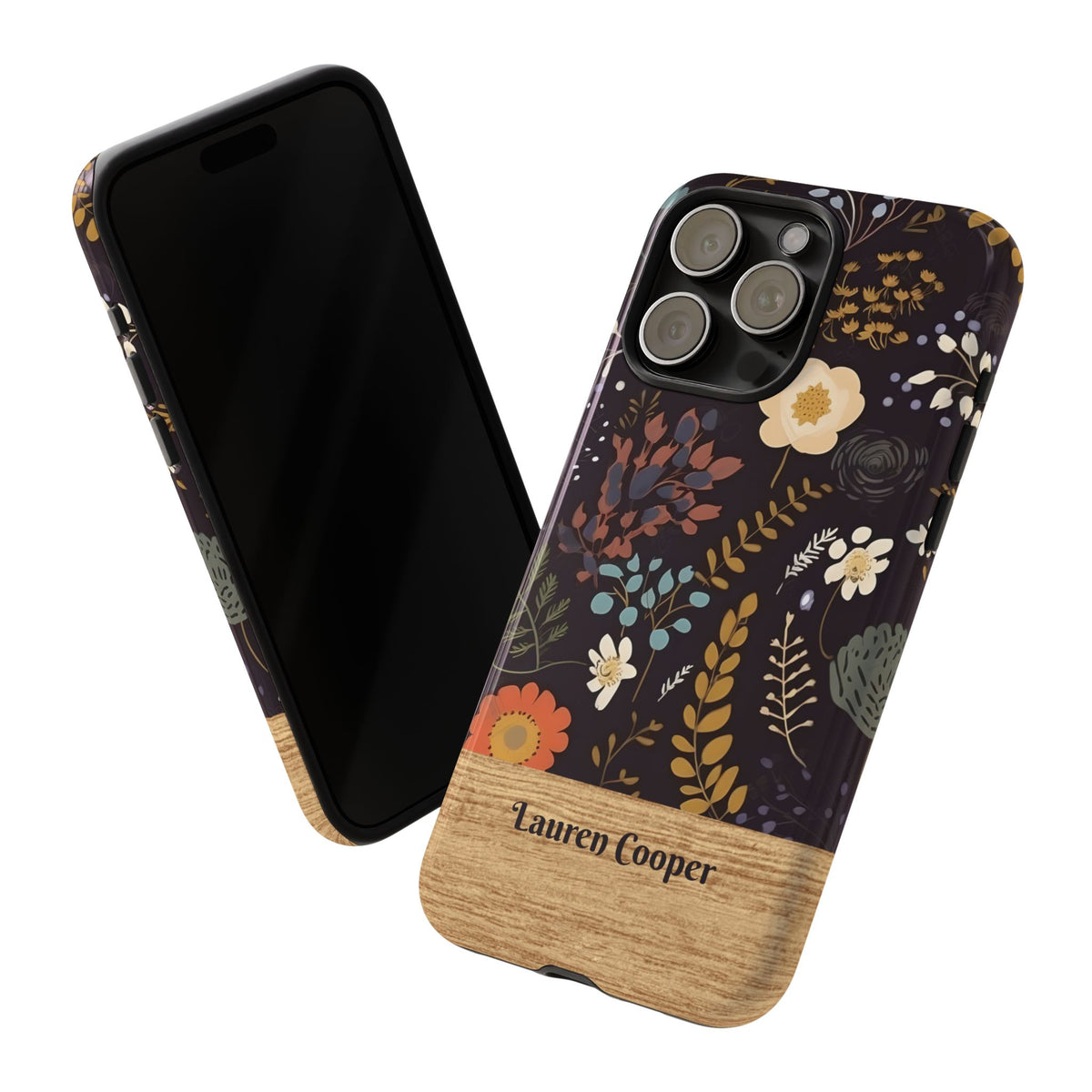 Personalized Dark Floral Phone Case with Name – Wood Accent Tough Case