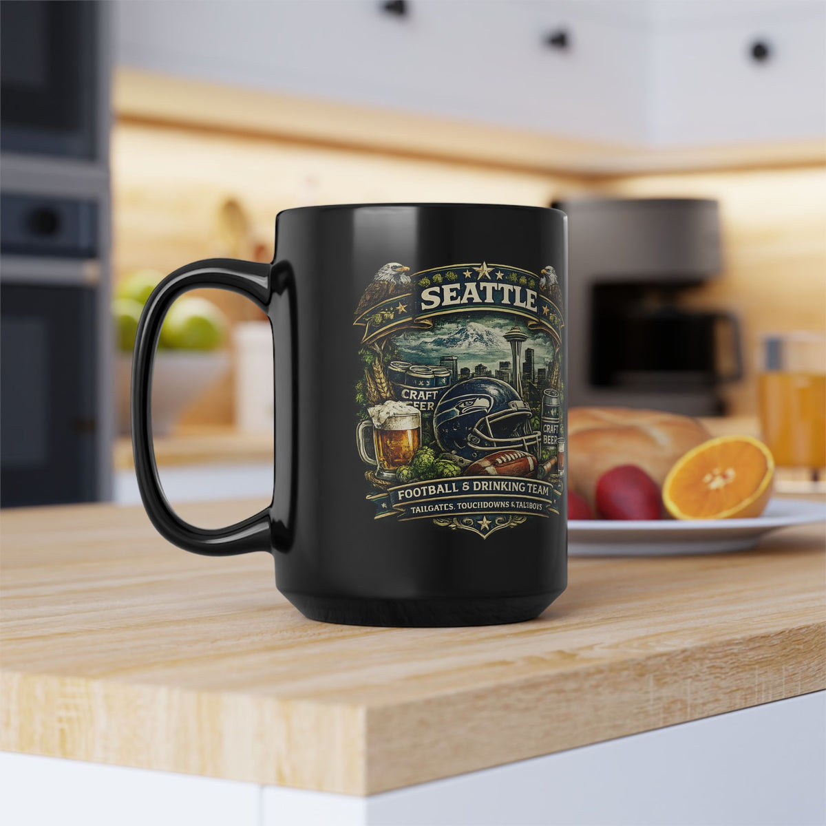 Seattle Football Mug for Men Black Coffee Cup for Beer Lovers, Tailgating & Game Day Sports Fan Gift