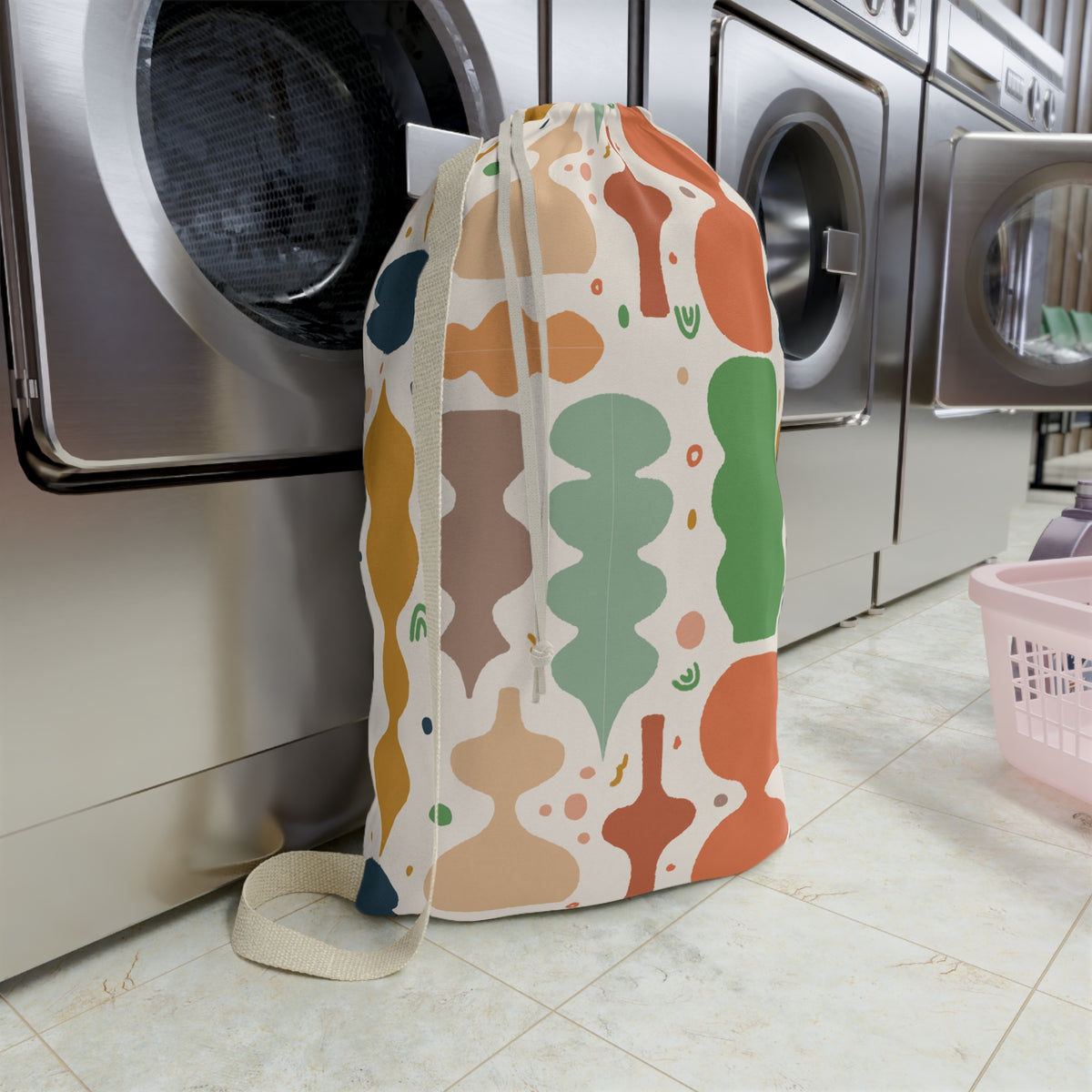 Abstract Shapes Laundry Bag | Retro Colorful Pattern, Drawstring Tote