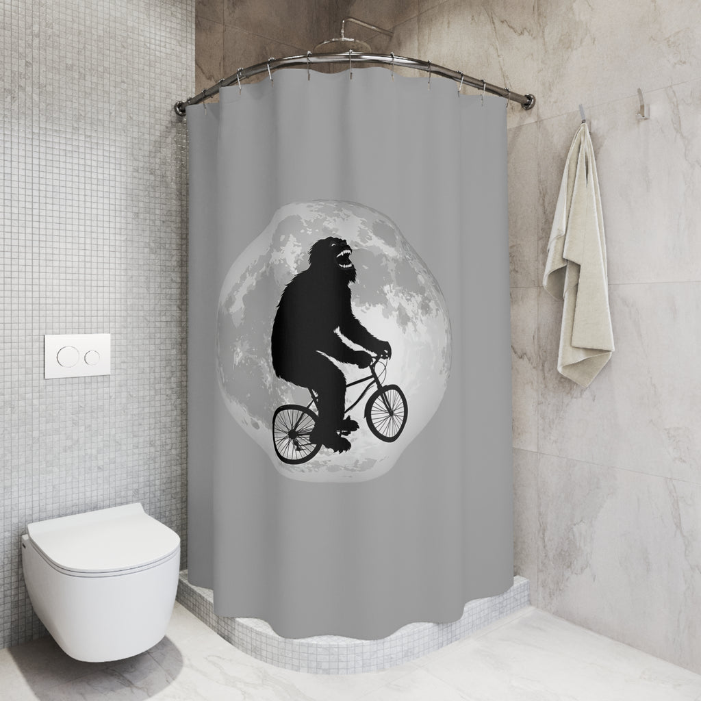 Funny Bigfoot Shower Curtain | Sasquatch Riding Bike Moon | Modern Minimal Bathroom Decor