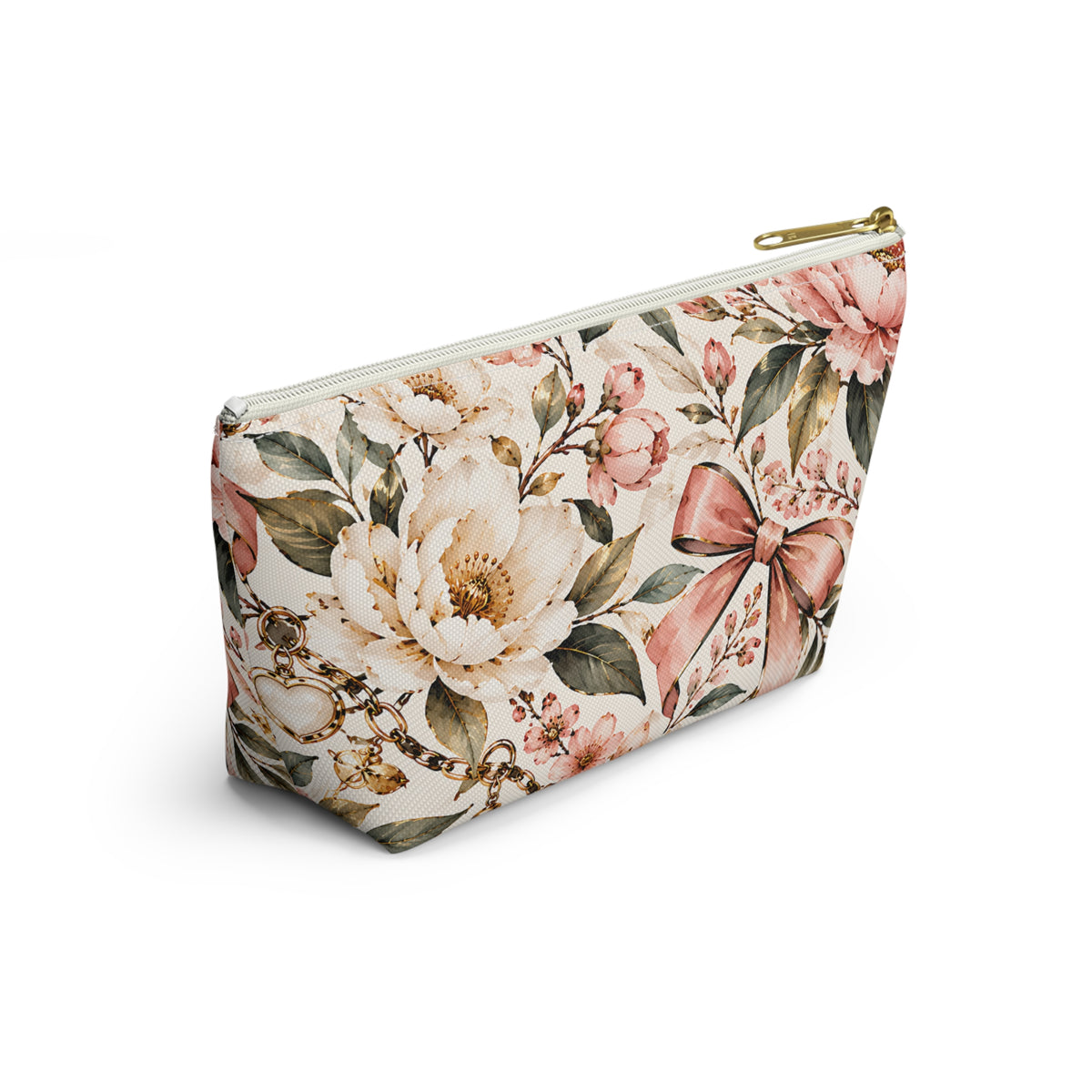 Blush Floral Pouch – Romantic Botanical Bow Print
