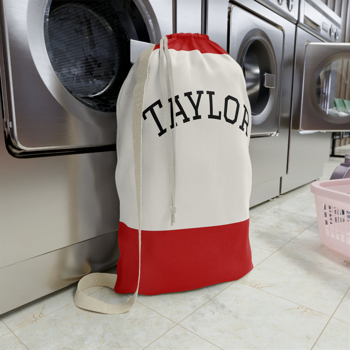 Red Stripe Personalized Laundry Bag | Drawstring Canvas Laundry Sack